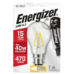 Energizer Filament LED GLS 470lm B22 Warm White BC 4.3w